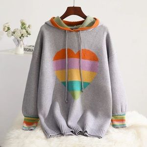 “The Katie” Rainbow Heart Sweater Hoodie, thick and cozy!